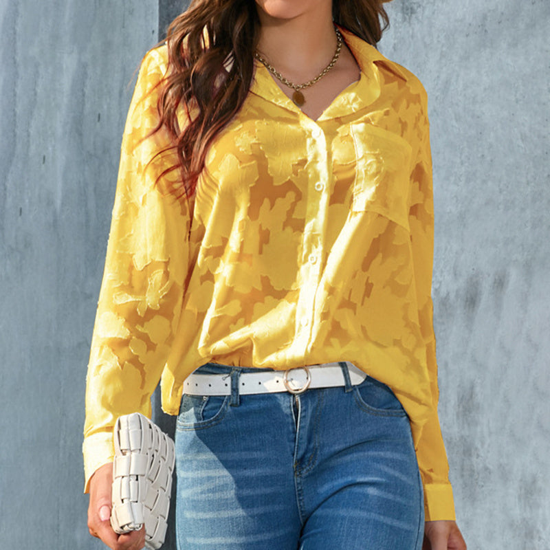 Womens Casual Sheer Button Down Shirts Long Sleeve V Neck Jacquard Blouses Tops - Evans creations LLC