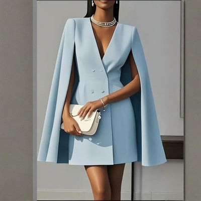 Women's Elegant Solid Color V Neck Double-Breasted Cape Blazer Dress Spring & Summer Party Banquet Outfit - Evans creations LLC