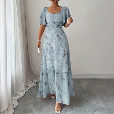 Women's Solid Color Square Neck Short Sleeve Butterfly Print Flowy Dress A-Line Summer Vacation Maxi Dress - Evans creations LLC