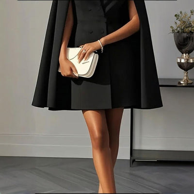 Women's Elegant Solid Color V Neck Double-Breasted Cape Blazer Dress Spring & Summer Party Banquet Outfit - Evans creations LLC