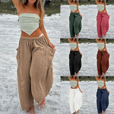 Stretched-waist Pleated High-waisted Wide-leg Loose Casual Cotton And Linen Long Pants - Evans creations LLC