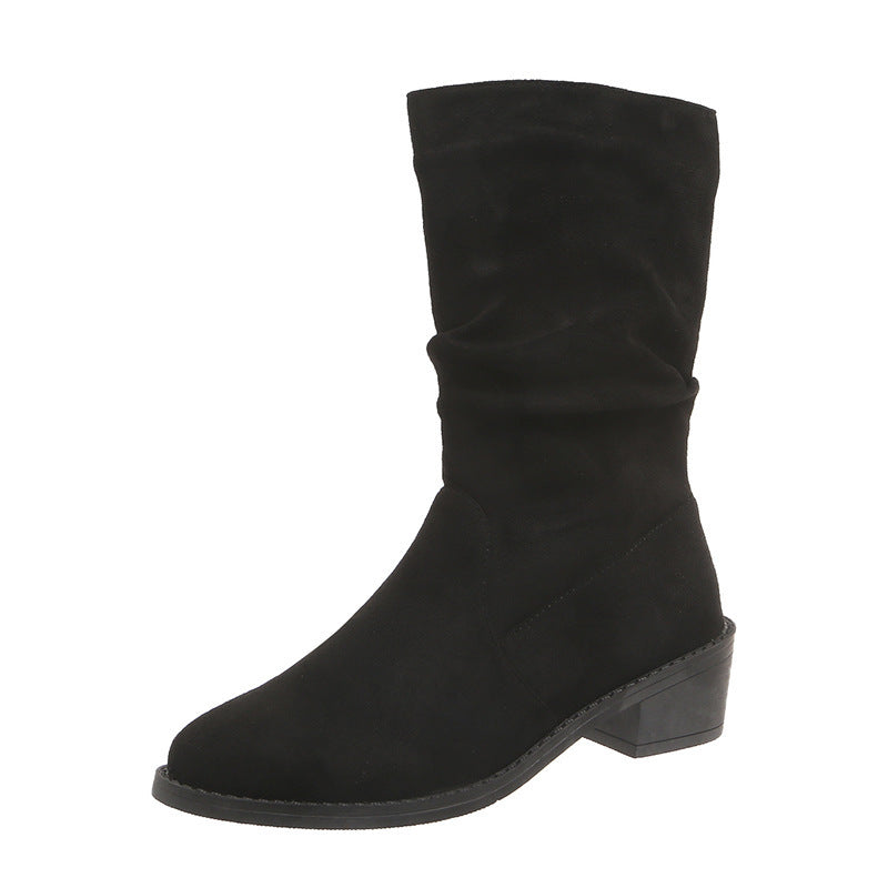Large Size Thick Heel Pointed Toe Mid-calf Smoke Pipe Boots For Women - Evans creations LLC