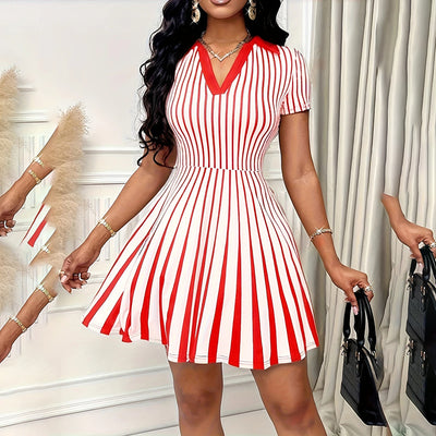Women's Polo Dress Elegant Striped V Neck Short Sleeve A Line Dresses - Evans creations LLC