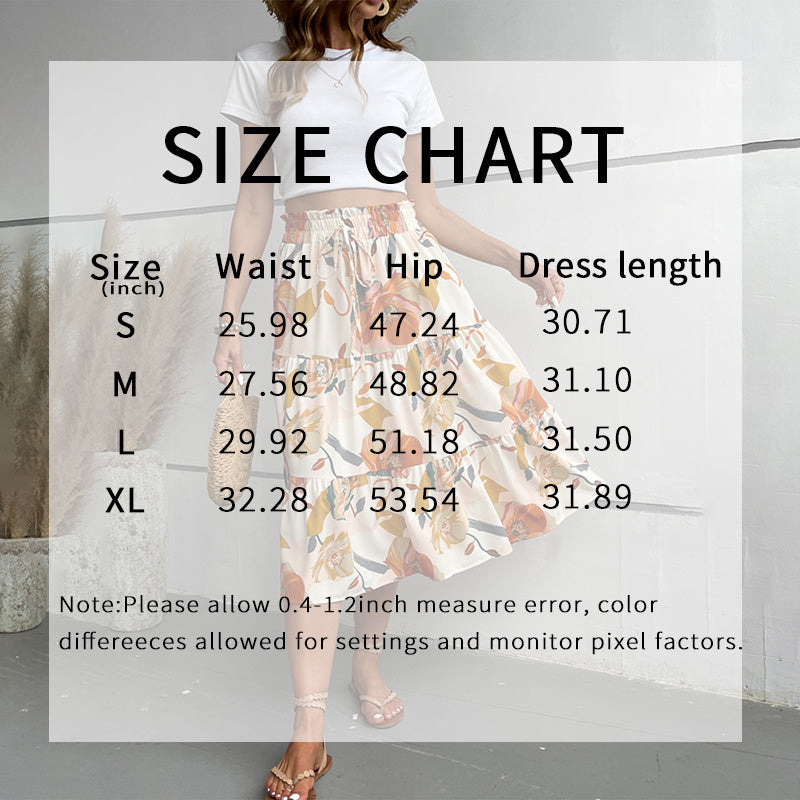 Women's Floral Tiered Midi Skirt Elastic Waist Dressy Casual A-line Flowy Boho Skirts - Evans creations LLC