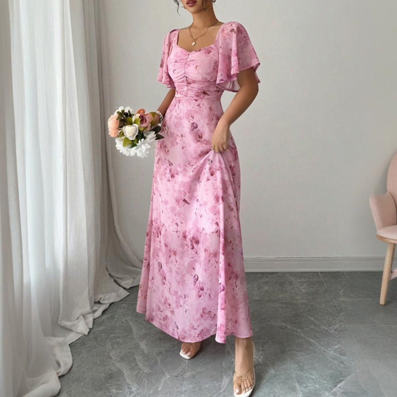 Women's Solid Color Square Neck Short Sleeve Butterfly Print Flowy Dress A-Line Summer Vacation Maxi Dress - Evans creations LLC
