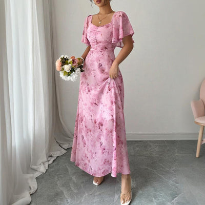 Women's Solid Color Square Neck Short Sleeve Butterfly Print Flowy Dress A-Line Summer Vacation Maxi Dress - Evans creations LLC