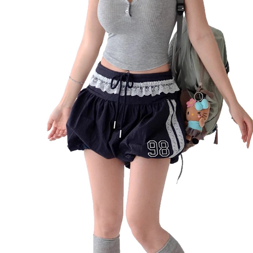 Lace Edge Elastic Waistband Lace-up Loose Shorts For Women - Evans creations LLC