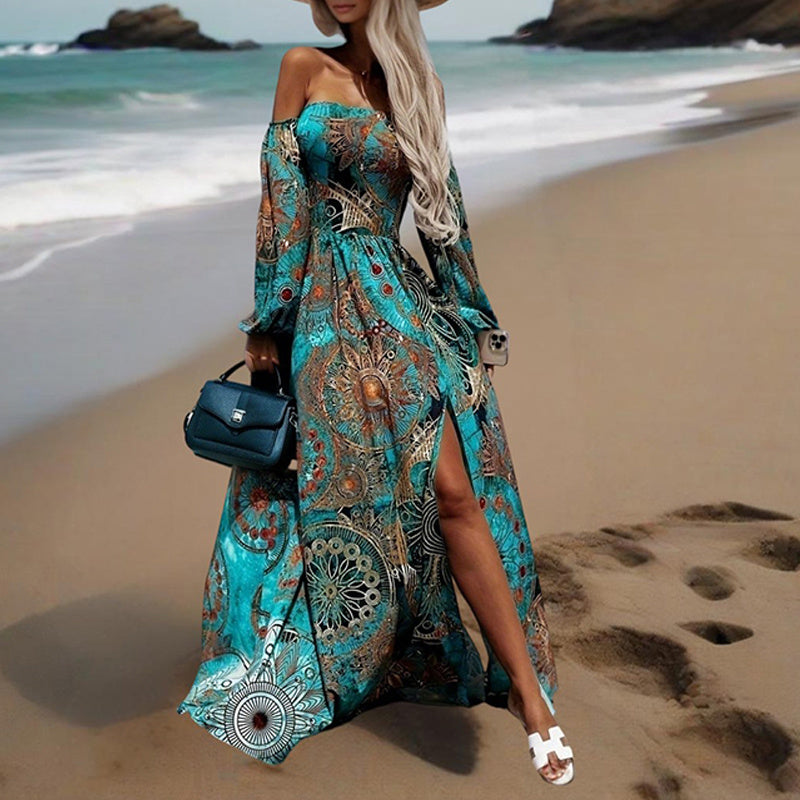 Women's Strapless Off-Shoulder Long Sleeve A-Line Dress - Bohemian Beach Maxi Dress With High Slit For Summer Vacation - Evans creations LLC