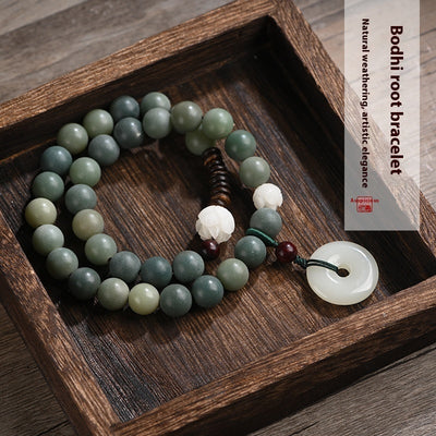 Weathering Yin Leather Green Bodhi Root Beads Bracelet - Evans creations LLC