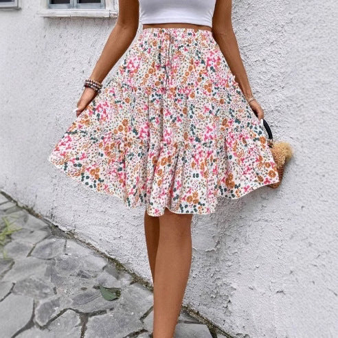 Floral Print Stretch Waist Skirt Knee Layered Hem A- Line Skirt - Evans creations LLC