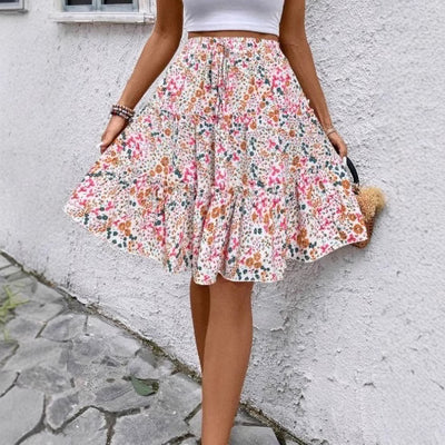 Floral Print Stretch Waist Skirt Knee Layered Hem A- Line Skirt - Evans creations LLC
