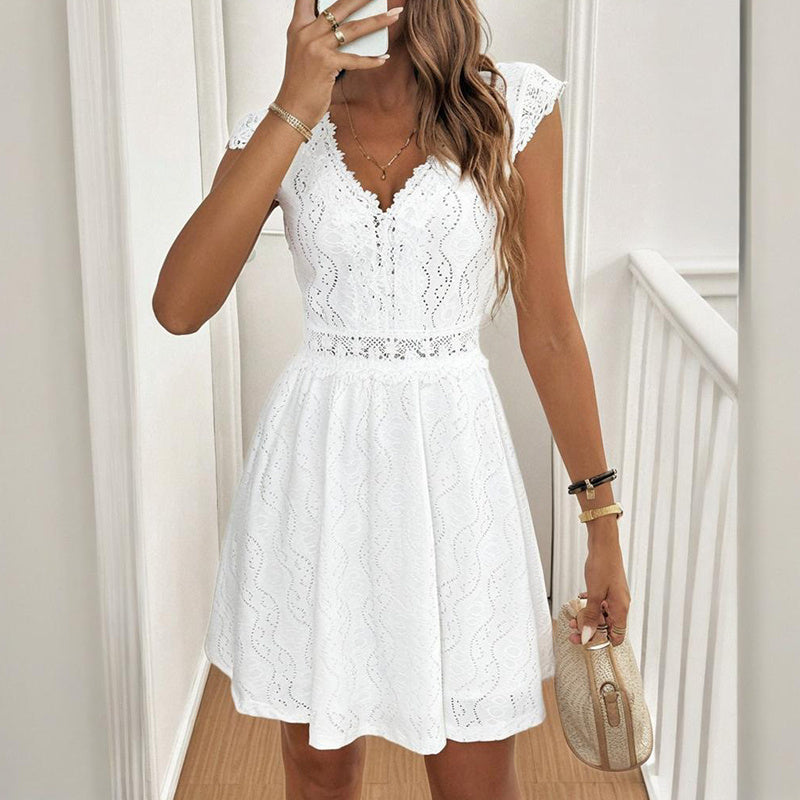 Women's V-Neck Solid Color Short Sleeve Dress With Lace Trim - Summer Sexy Vacation Dress - Evans creations LLC