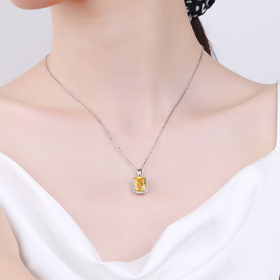 S925 Sterling Silver Princess Square Yellow Diamond Necklace Earrings - Evans creations LLC