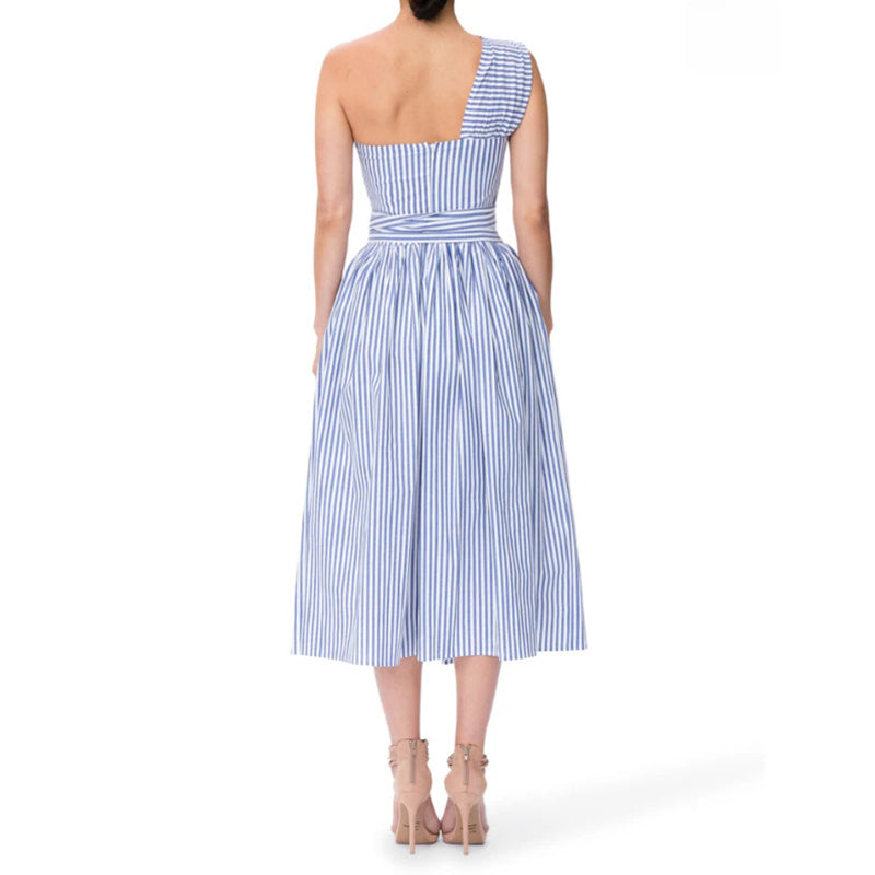Women's Summer One Shoulder Striped Midi Dress Elegant Tie Waist Bodycon Dresses With Pockets - Evans creations LLC