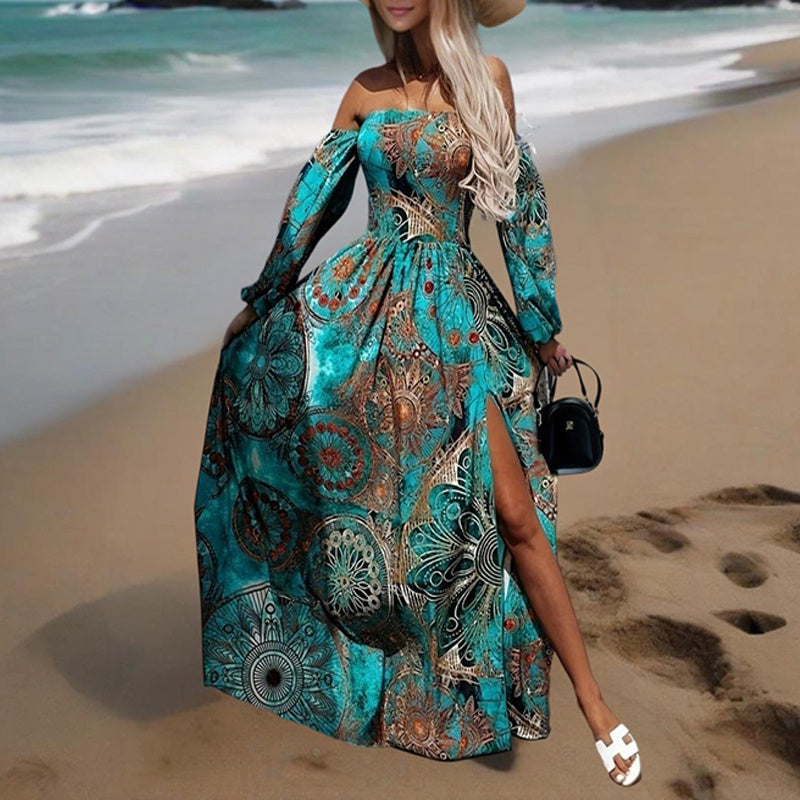Women's Strapless Off-Shoulder Long Sleeve A-Line Dress - Bohemian Beach Maxi Dress With High Slit For Summer Vacation - Evans creations LLC