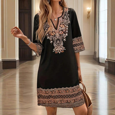 Women's V-Neck Middle Eastern Style Floral Print Midi Dress - Elegant Sleeve Design Lightweight Perfect For Spring&Summer Vacation & Daily Wear - Evans creations LLC