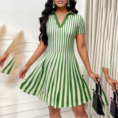 Women's Polo Dress Elegant Striped V Neck Short Sleeve A Line Dresses - Evans creations LLC
