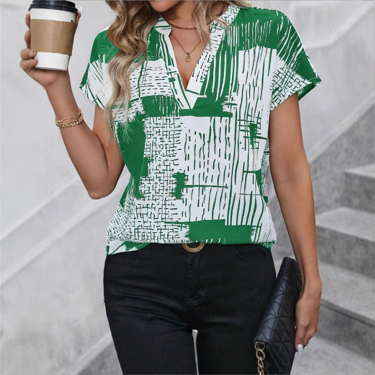 Short Sleeve V-neck Printed Shirt - Evans creations LLC