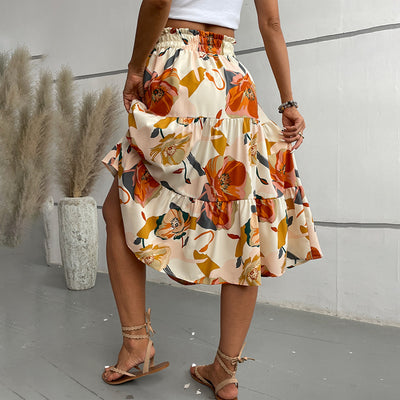 Women's Floral Tiered Midi Skirt Elastic Waist Dressy Casual A-line Flowy Boho Skirts - Evans creations LLC