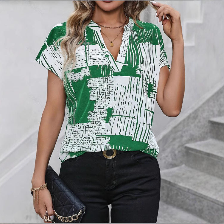 Short Sleeve V-neck Printed Shirt - Evans creations LLC