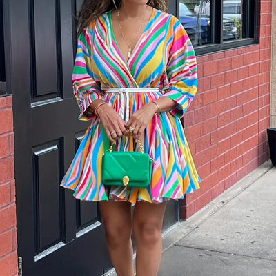 Women's V-Neck Rainbow Stripe Short Dress Three Quarters Sleeve Casual Summer Sundress With Tie Waist - Evans creations LLC