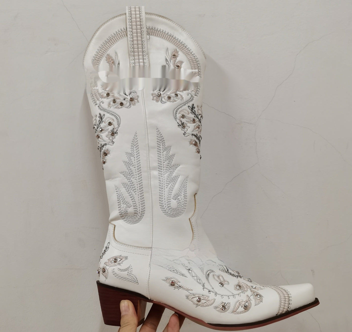 Embroidered Rhinestone Thick High Heel Side Zipper High-top Boots - Evans creations LLC