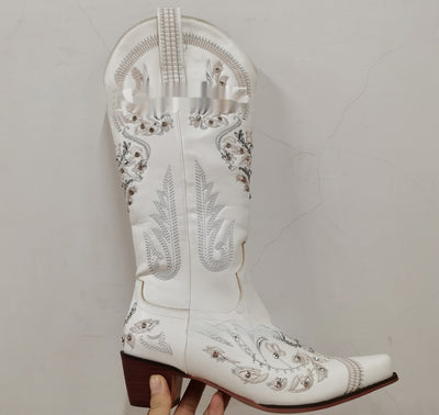 Embroidered Rhinestone Thick High Heel Side Zipper High-top Boots - Evans creations LLC