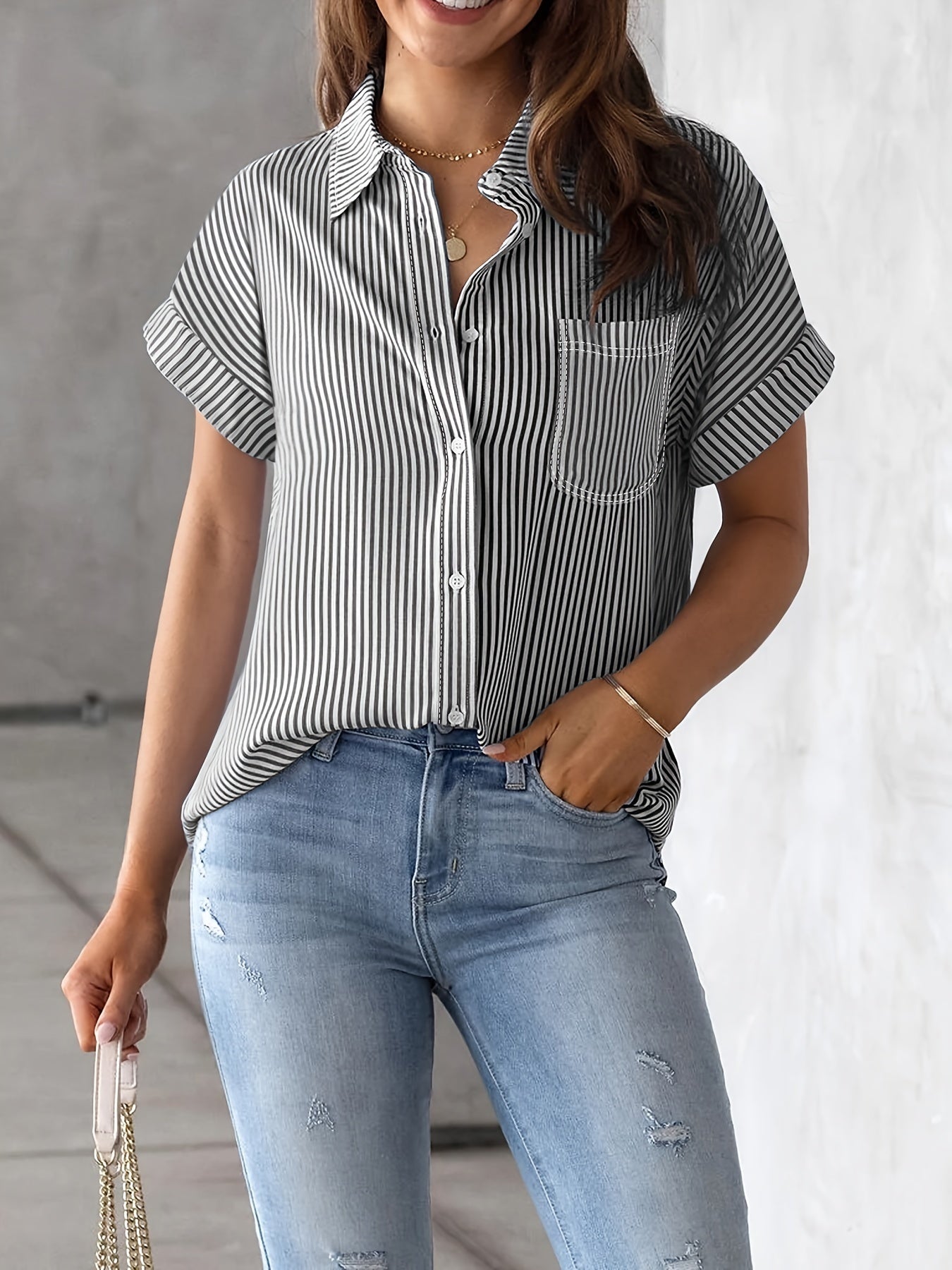 Elegant Plus Size Striped Blouse With Pocket - Casual Short Sleeve, Button-Up Collared Shirt For Women - Evans creations LLC