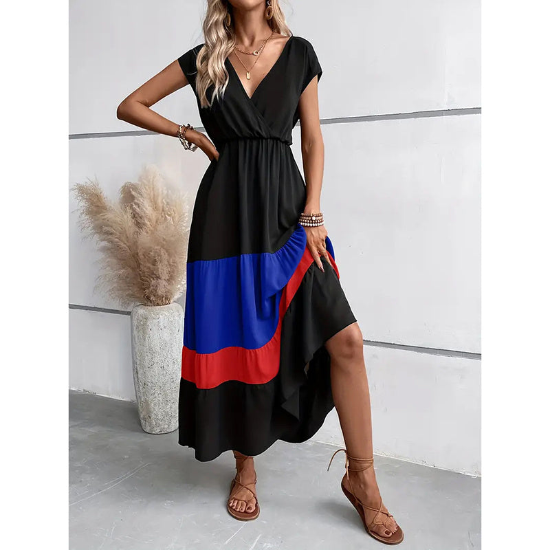 Women's Color Block Maxi Dresses V Neck Sleeveless Tiered Casual Dresses Loose Sundress - Evans creations LLC