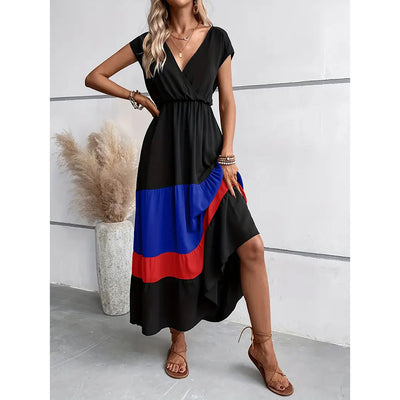 Women's Color Block Maxi Dresses V Neck Sleeveless Tiered Casual Dresses Loose Sundress - Evans creations LLC