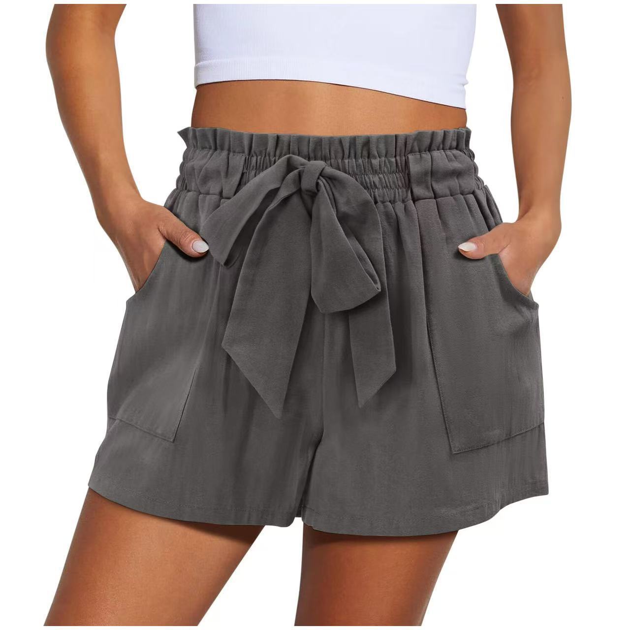 Summer New Elastic Waist Drawstring Knotted Short Solid Color Casual Women - Evans creations LLC