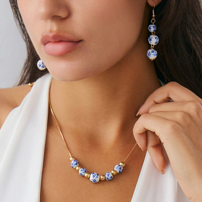 Blue And White Porcelain Round Beads Tassel Necklace Simple All-match Flower Earrings - Evans creations LLC
