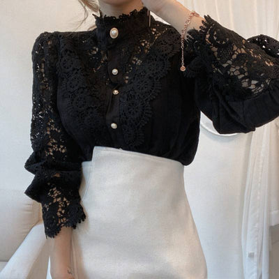 Design Palace Style Blouse Lace Stand-up Collar Long-sleeved Shirt Women - Evans creations LLC