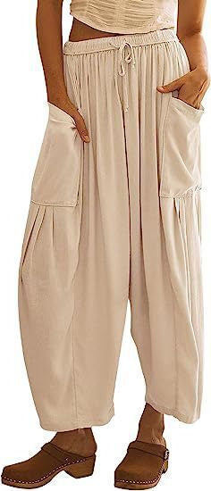 Stretched-waist Pleated High-waisted Wide-leg Loose Casual Cotton And Linen Long Pants - Evans creations LLC