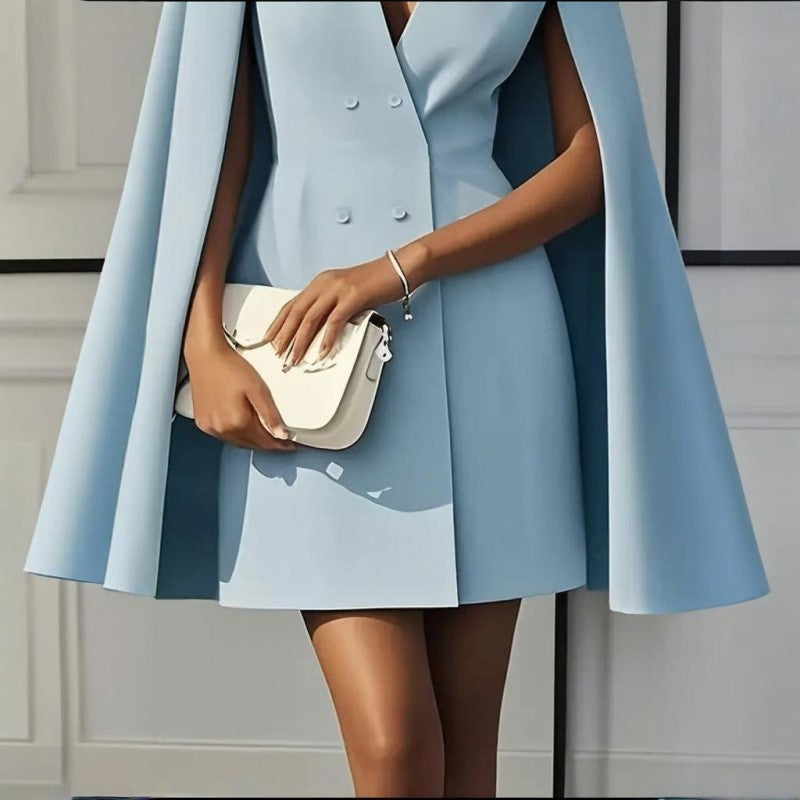 Women's Elegant Solid Color V Neck Double-Breasted Cape Blazer Dress Spring & Summer Party Banquet Outfit - Evans creations LLC