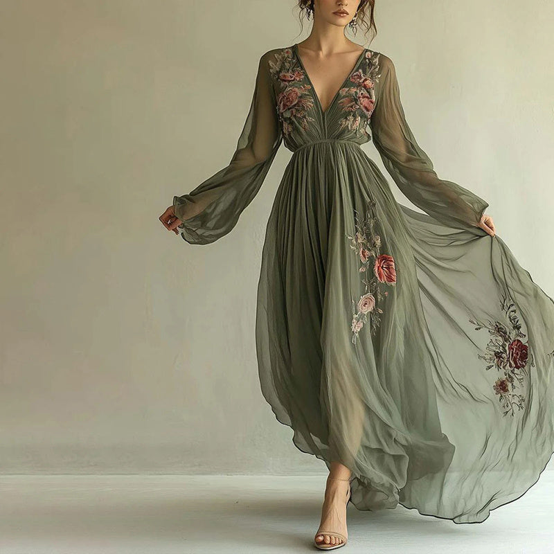 Women's Elegant V-Neck Green Floral Print A-Line Maxi Semi-Sheer Long Sleeve Spring&Summer Dress - Evans creations LLC