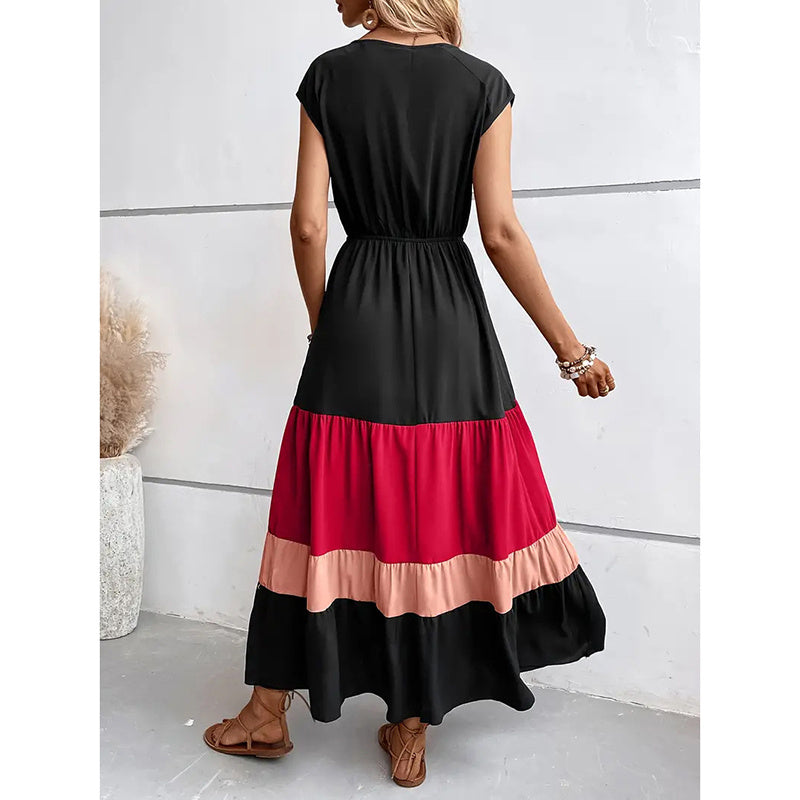 Women's Color Block Maxi Dresses V Neck Sleeveless Tiered Casual Dresses Loose Sundress - Evans creations LLC