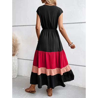 Women's Color Block Maxi Dresses V Neck Sleeveless Tiered Casual Dresses Loose Sundress - Evans creations LLC
