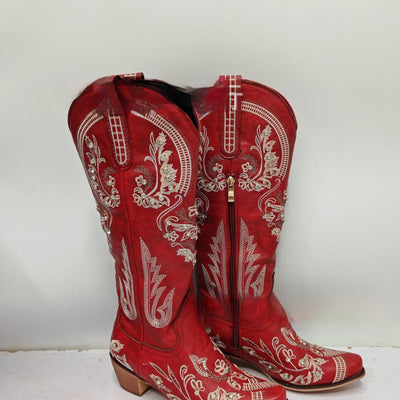 Embroidered Rhinestone Thick High Heel Side Zipper High-top Boots - Evans creations LLC