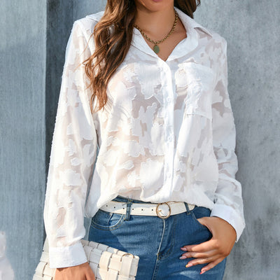 Womens Casual Sheer Button Down Shirts Long Sleeve V Neck Jacquard Blouses Tops - Evans creations LLC