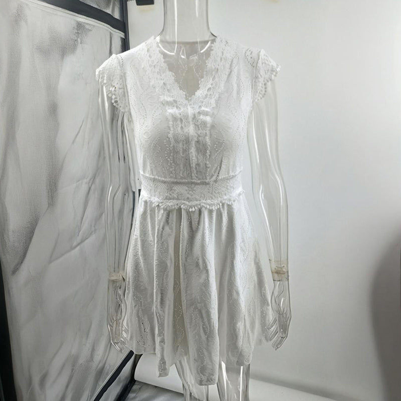 Women's V-Neck Solid Color Short Sleeve Dress With Lace Trim - Summer Sexy Vacation Dress - Evans creations LLC