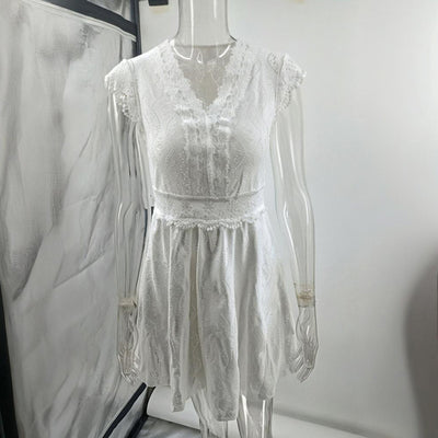 Women's V-Neck Solid Color Short Sleeve Dress With Lace Trim - Summer Sexy Vacation Dress - Evans creations LLC