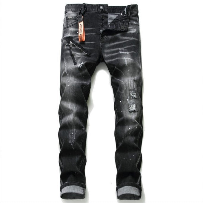 Black And Gray Paint Hole Zipper Decorations Personality Jeans Men - Evans creations LLC