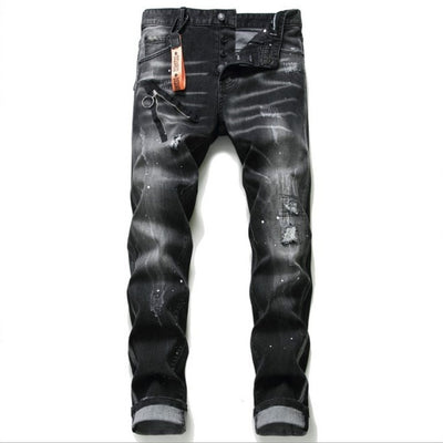 Black And Gray Paint Hole Zipper Decorations Personality Jeans Men - Evans creations LLC