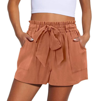 Summer New Elastic Waist Drawstring Knotted Short Solid Color Casual Women - Evans creations LLC