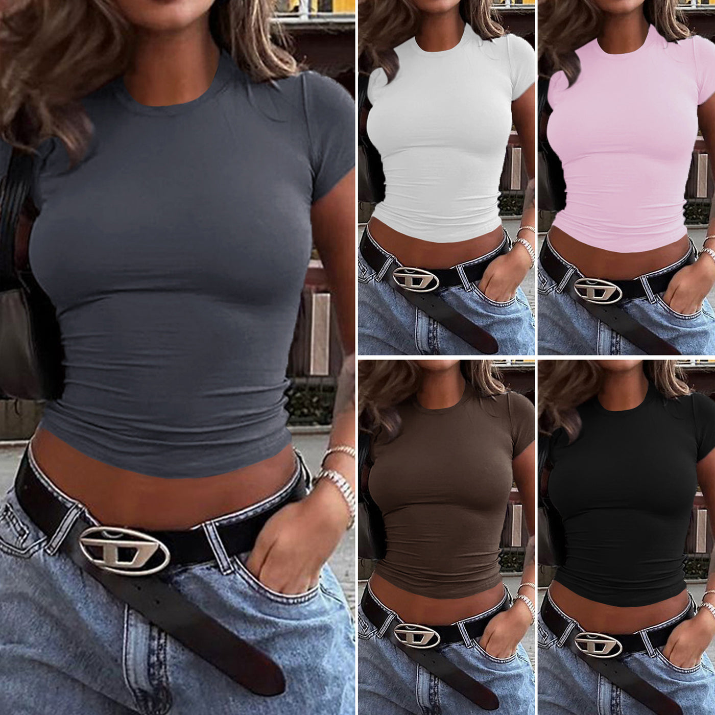Spring And Summer Solid Color Top Waist Trimming Short Slim Fit Midriff-baring T-shirt - Evans creations LLC