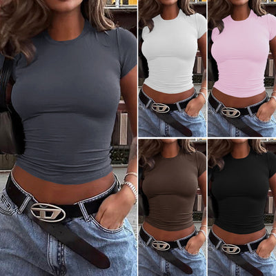 Spring And Summer Solid Color Top Waist Trimming Short Slim Fit Midriff-baring T-shirt - Evans creations LLC