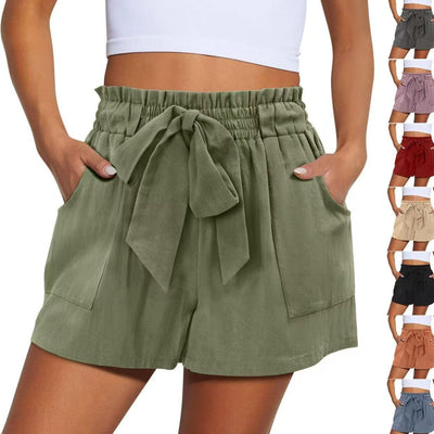 Summer New Elastic Waist Drawstring Knotted Short Solid Color Casual Women - Evans creations LLC
