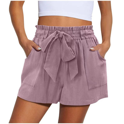 Summer New Elastic Waist Drawstring Knotted Short Solid Color Casual Women - Evans creations LLC