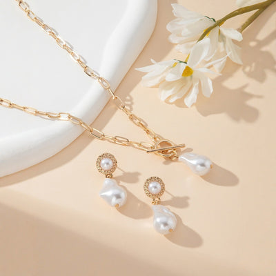 Retro Baroque Pearl Pendant Necklace Ear Stud 2-piece Set - Evans creations LLC